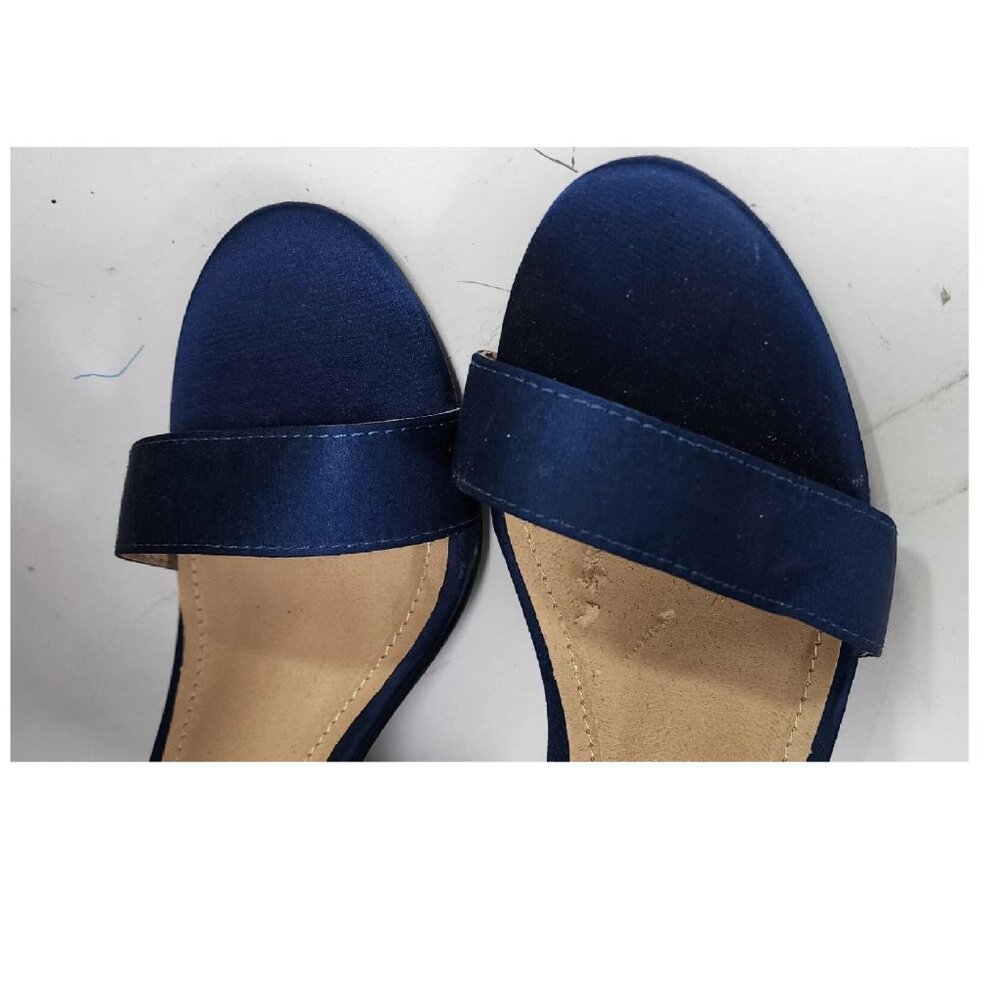 Moda Chics Women's High Chunky Block Heel Pump Dress Sandals Navy Satin 7.5 - Picture 3 of 6